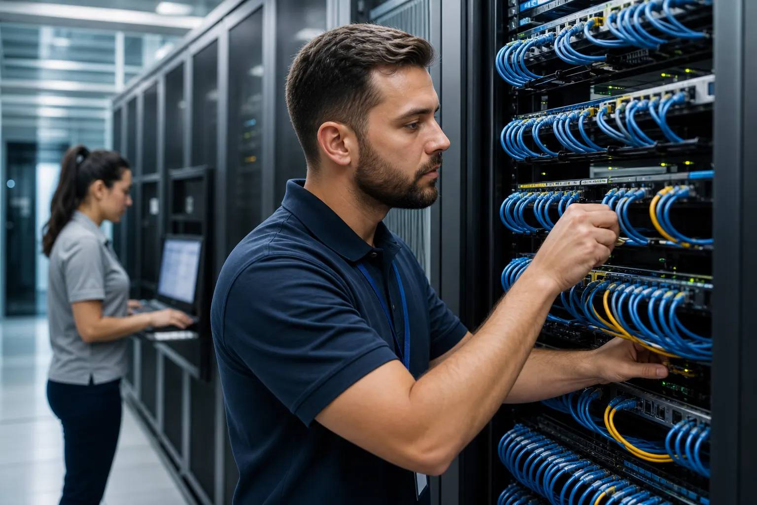 IT professionals working with servers and network cabling to deliver reliable business support