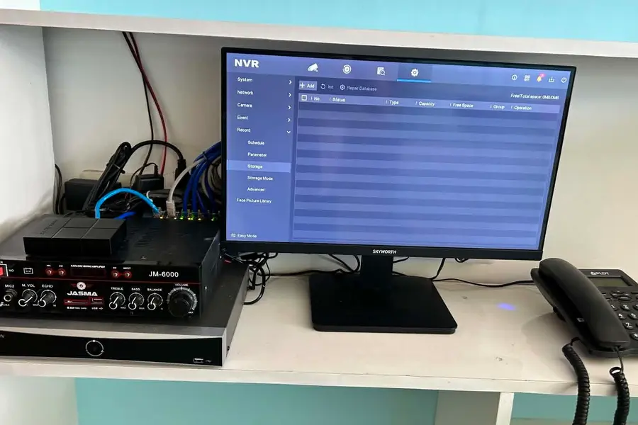 NVR interface showing storage and system configuration, set up and ready for recording.