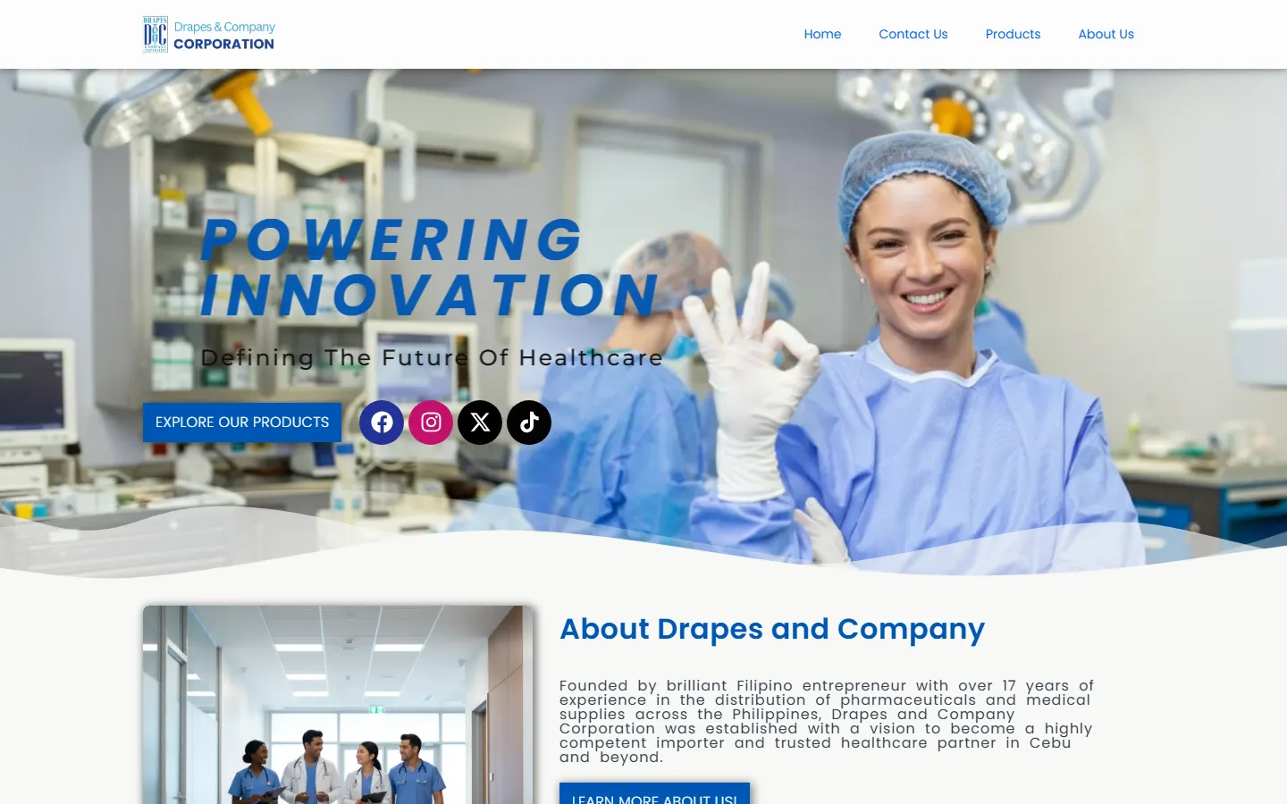 Homepage of the Drapes and Company website, showing the 'Powering Innovation' hero banner for a Cebu-based medical supply distributor.