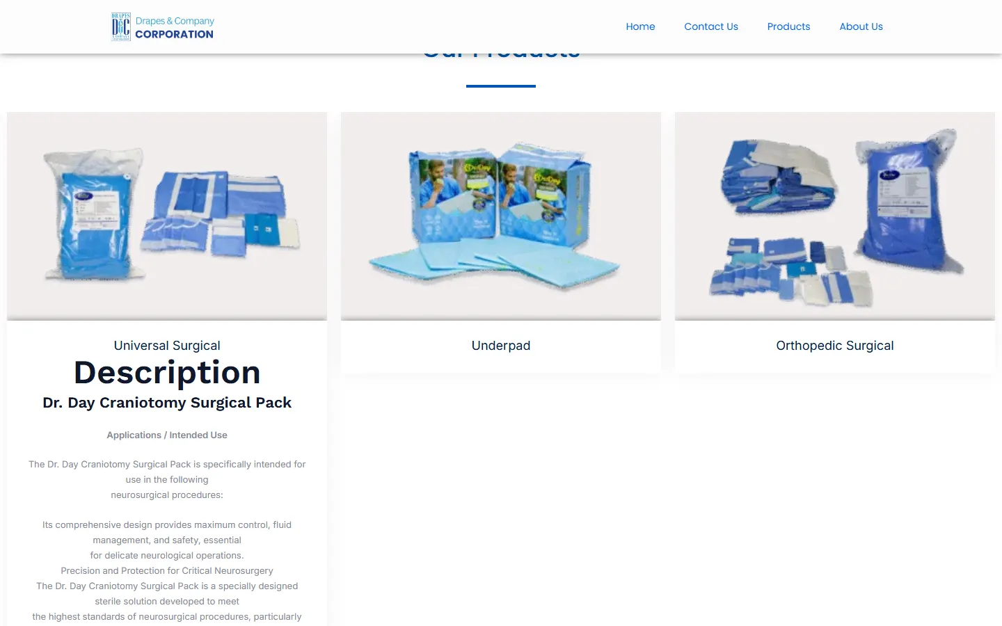 The Drapes and Company product catalog page, showing surgical pack listings with photos and descriptions.