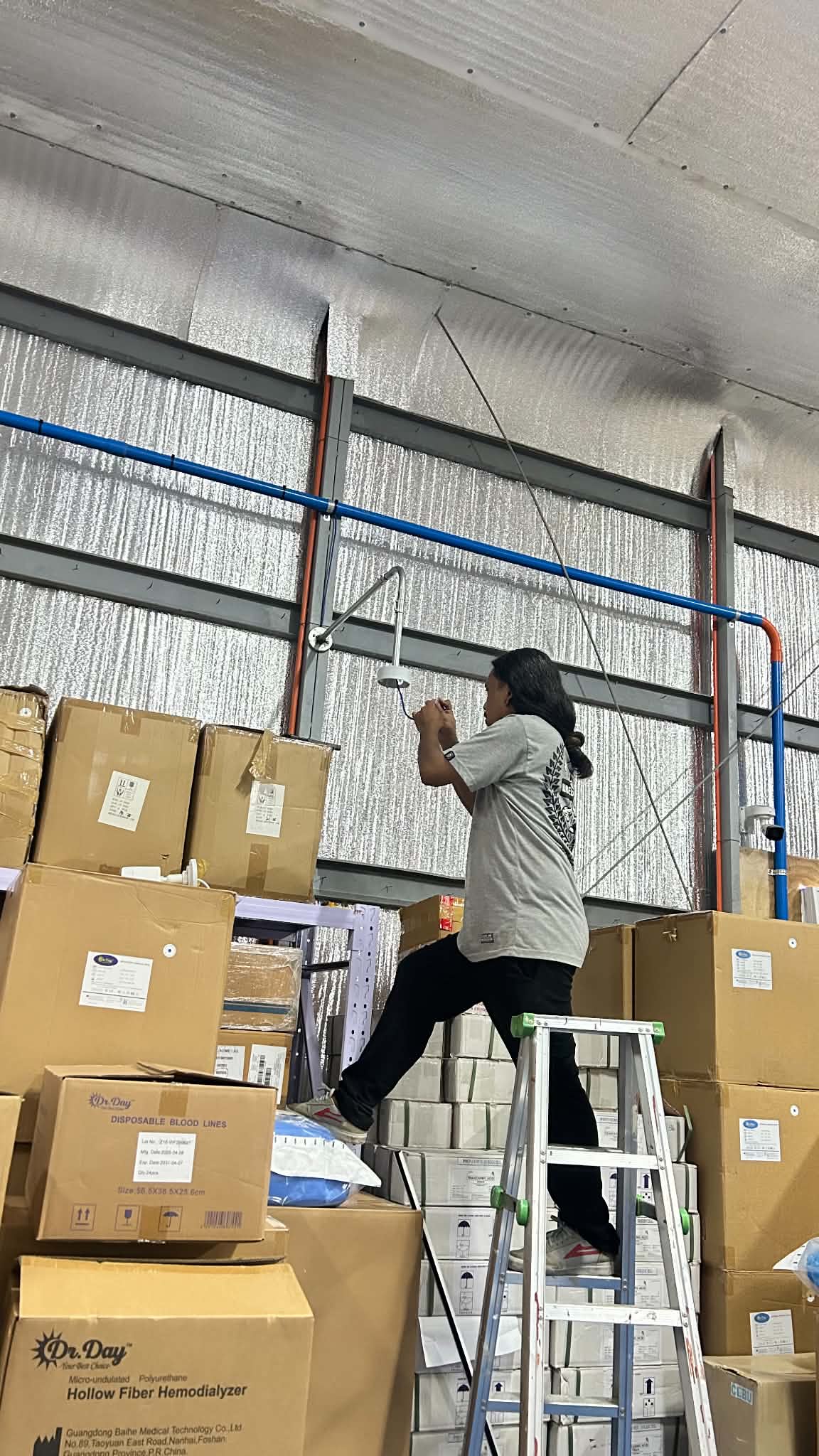 Technician working from a ladder on blue network cable routes.