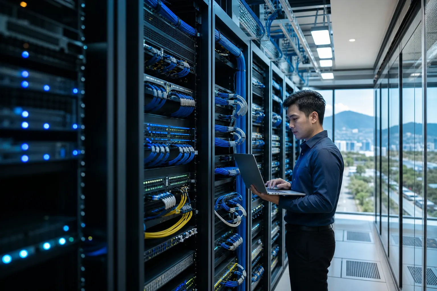 Professional team managing enterprise servers and network infrastructure.