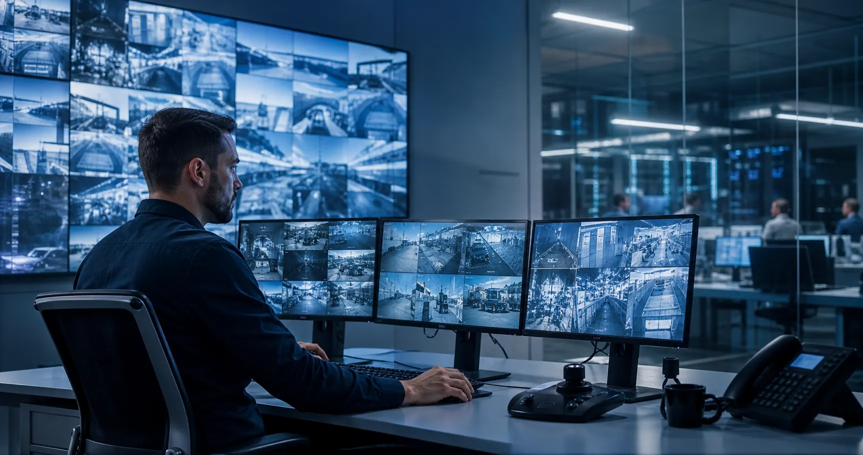 IT specialists monitoring CCTV and security systems in a modern control room.