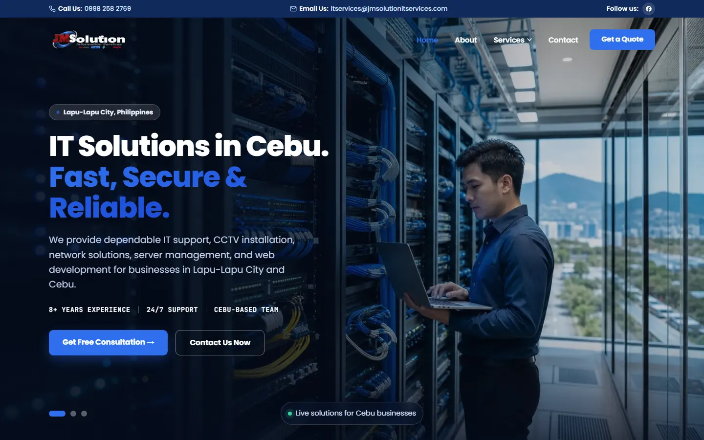 Homepage of the JMSolutions IT Services website, showing the hero section with the 'IT Solutions in Cebu' headline.