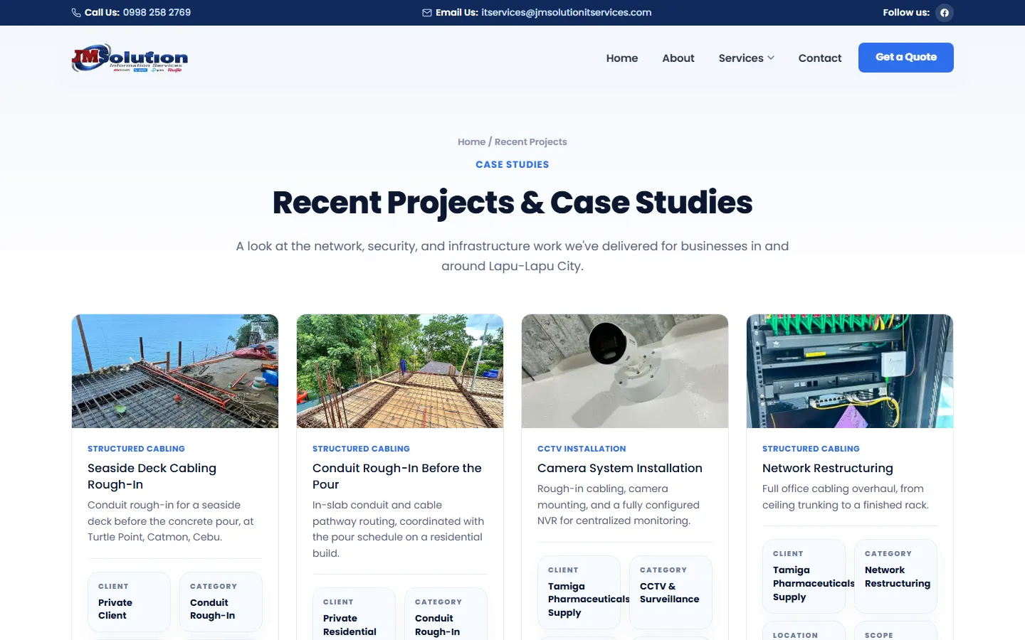 The Recent Projects and Case Studies page on the JMSolutions IT Services website.