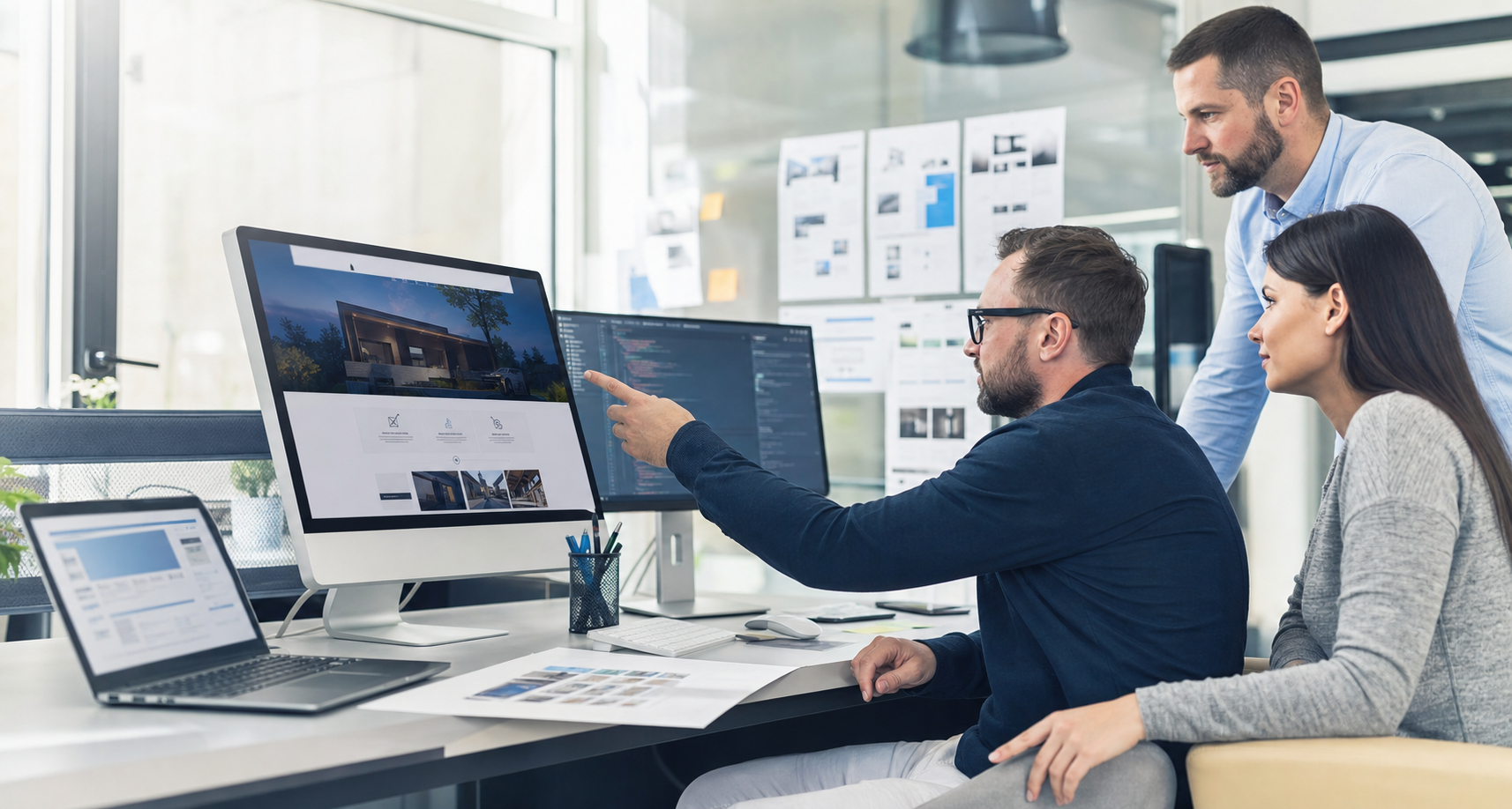 Web development team reviewing a business website design and code on multiple screens.