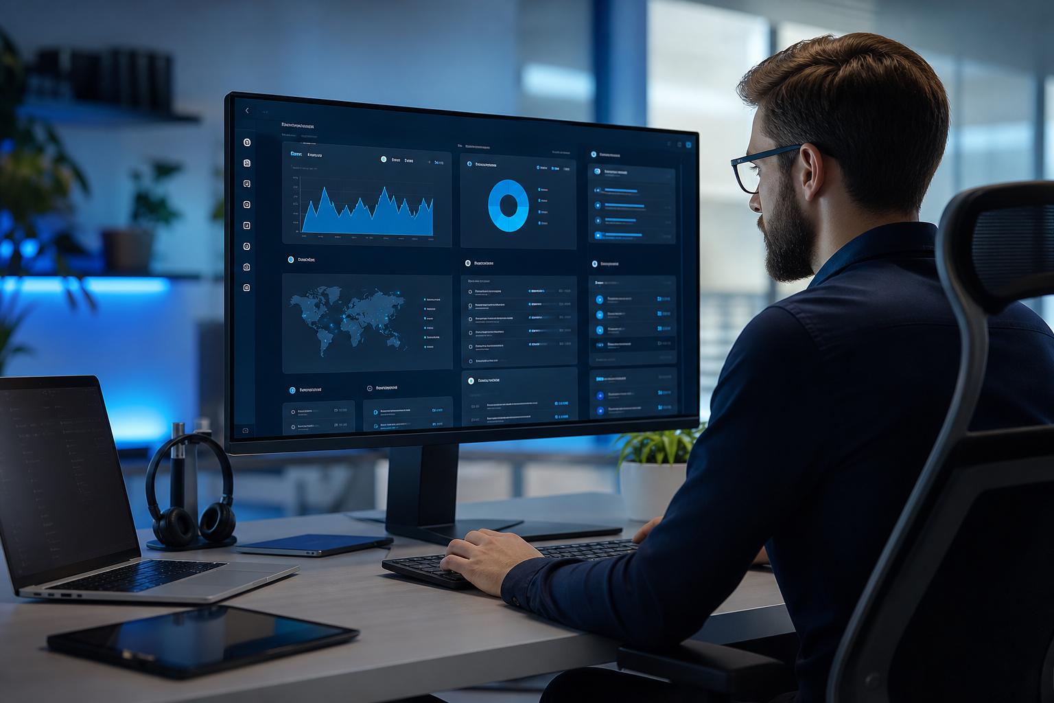 Website support specialist monitoring performance, updates, and site health dashboards.