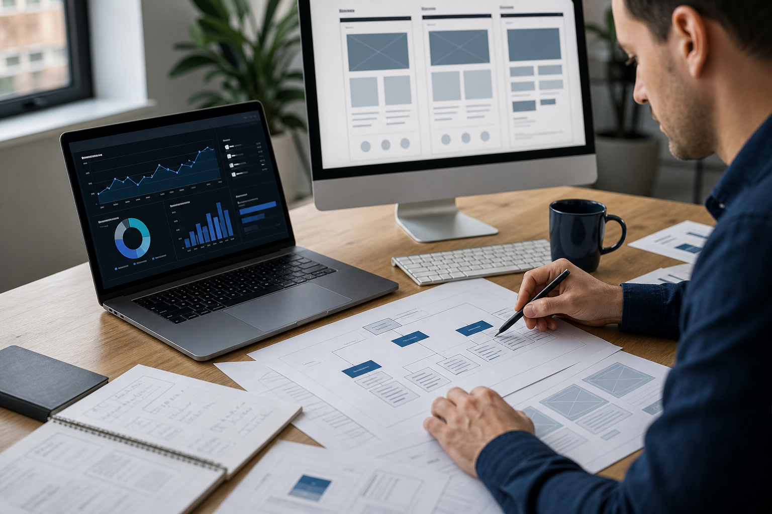 SEO and content planning workflow with analytics, wireframes, and website structure documents.